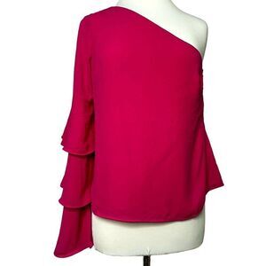 Ark & Co Magenta One Shoulder Tiered Long Sleeve Side Zip Lined Blouse Sz M NEW
